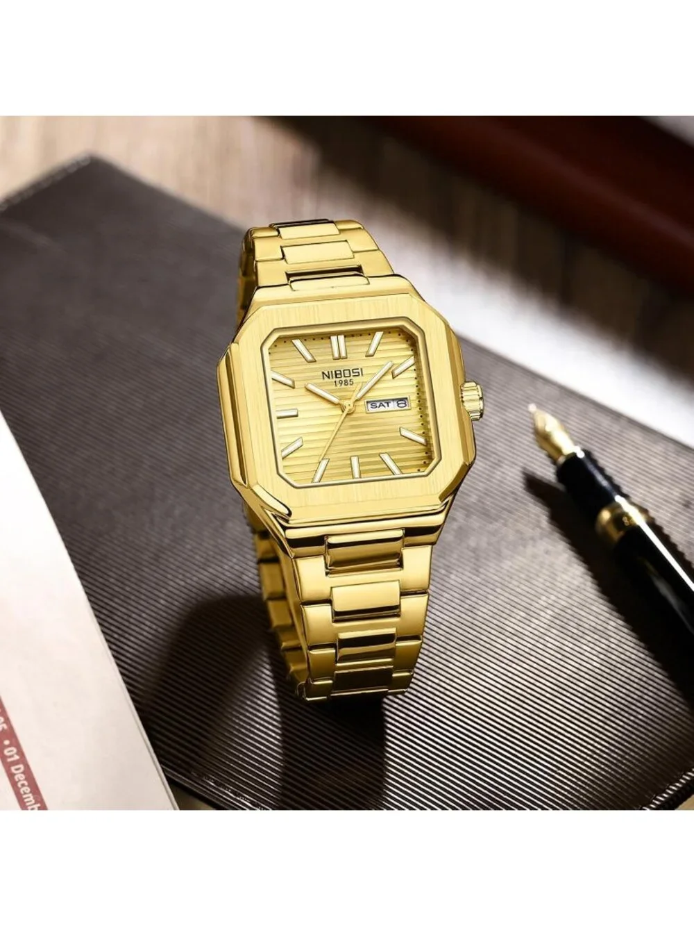 Men's Gold Square Analog Quartz Stainless Steel  Waterproof Classic Wrist Watch